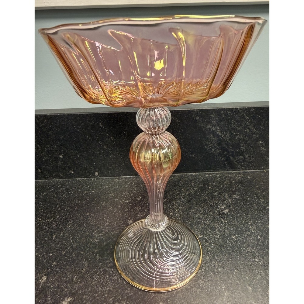 Bimini Art Glass Footed Nut Dish Delicate Hollow Stem Swirl Design Compote Champ - Picture 3 of 7